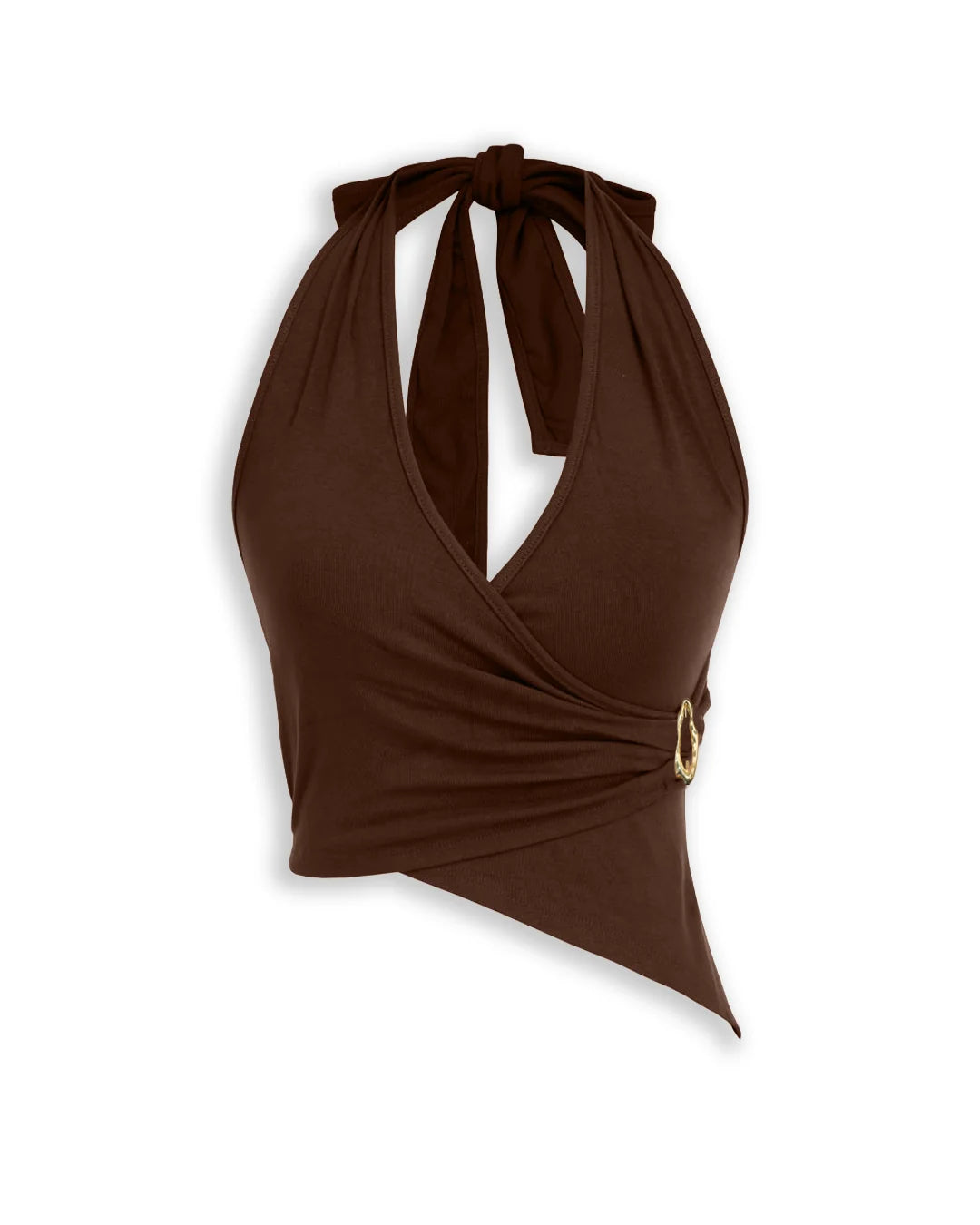 Halter Neck Wrap Front Asymmetrical Top in Chocolate Brown