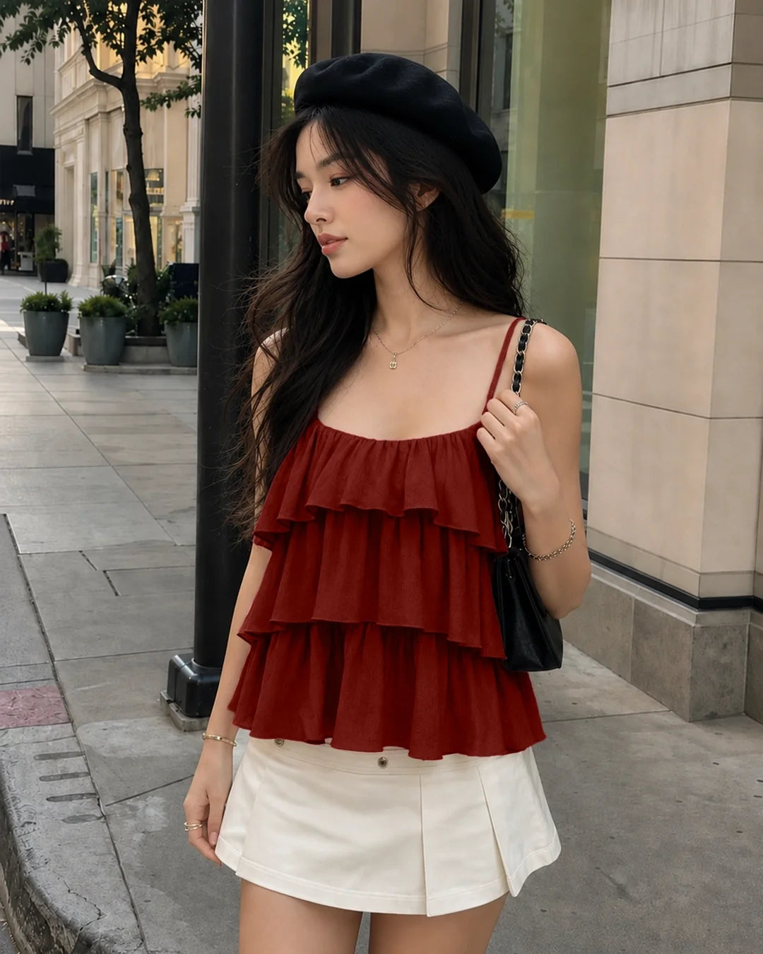 Pleated Layered Ruffle Suspender Top in Bright Red