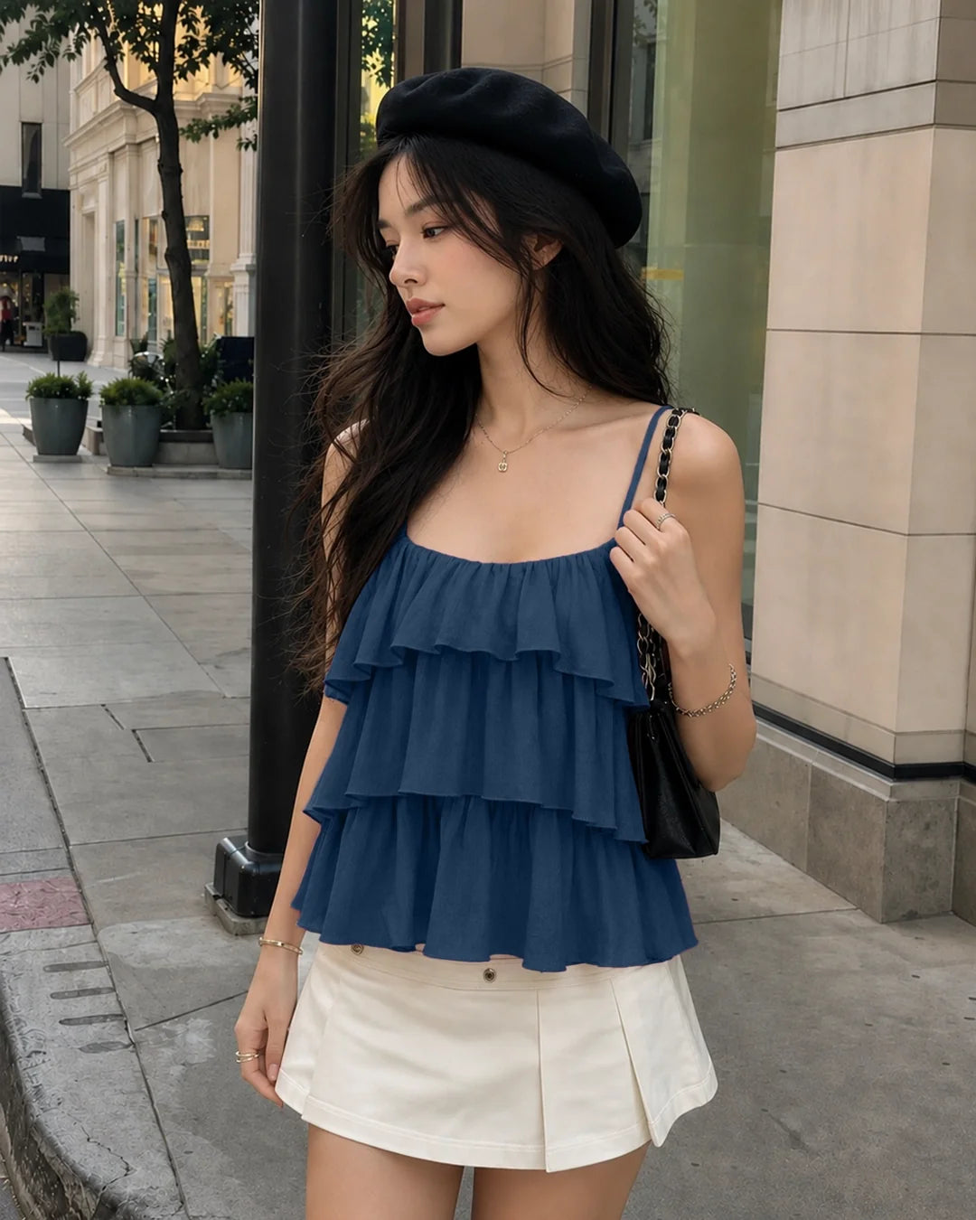 Pleated Layered Ruffle Suspender Top in Pageant Blue