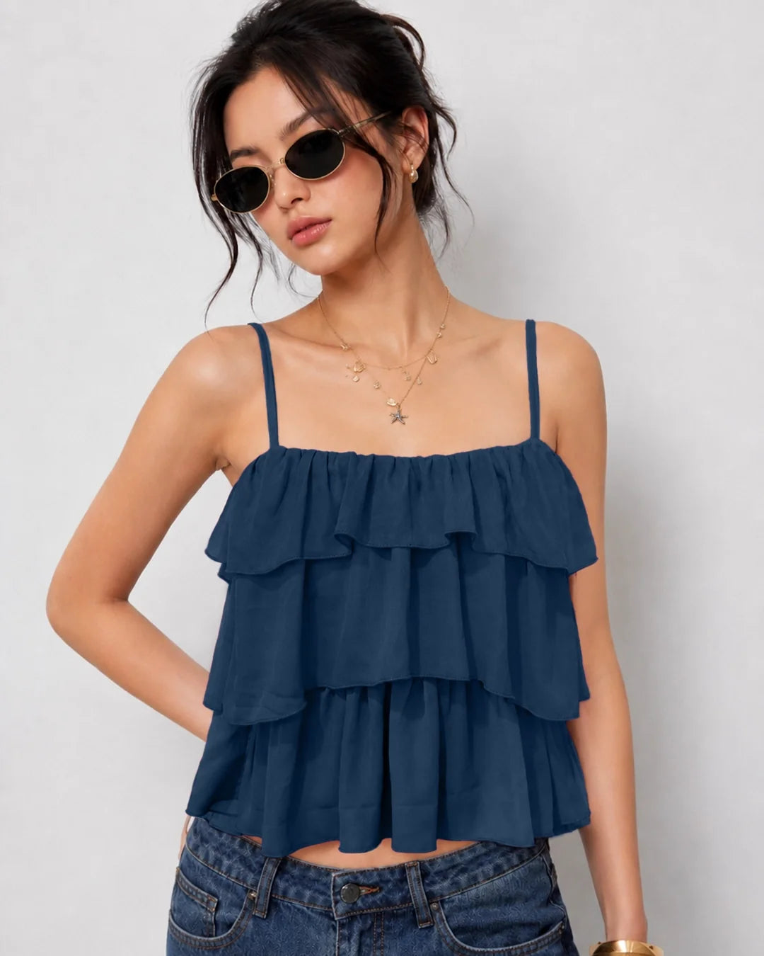 Pleated Layered Ruffle Suspender Top in Pageant Blue
