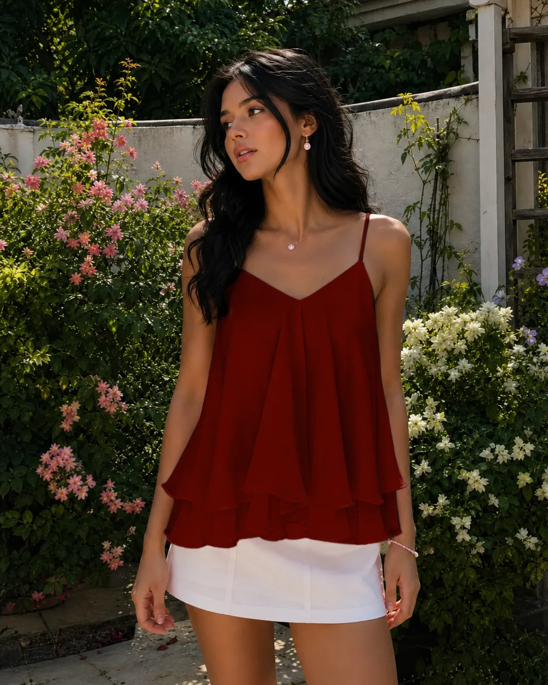 V Neck Tiered Ruffle Cami Top in Merlot