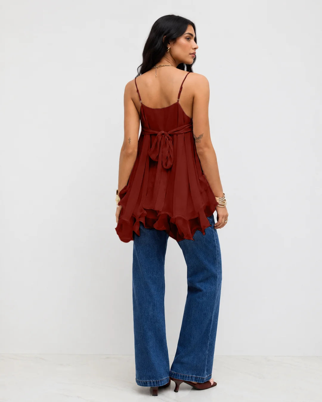 V Neck Tiered Ruffle Cami Top in Merlot