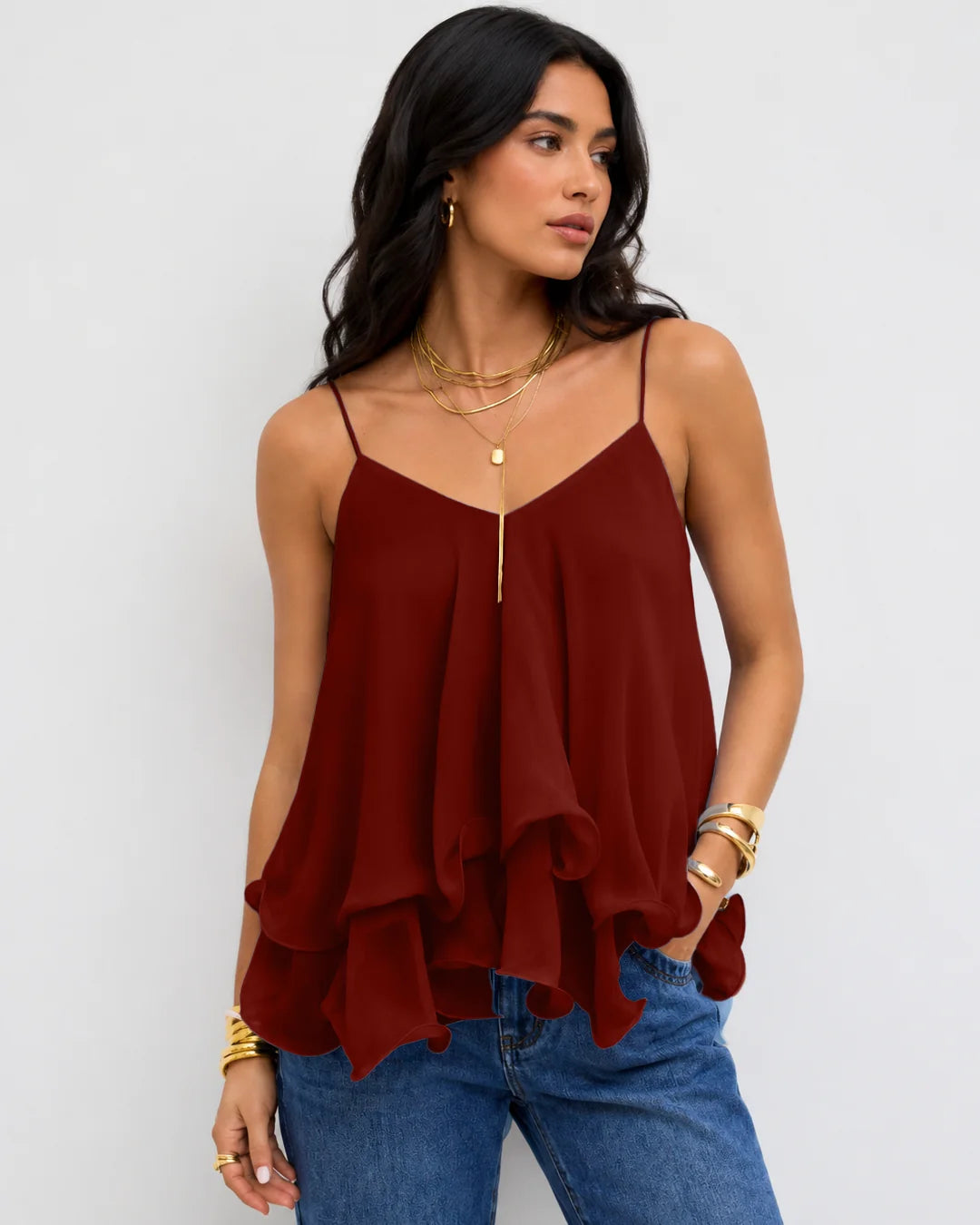 V Neck Tiered Ruffle Cami Top in Merlot