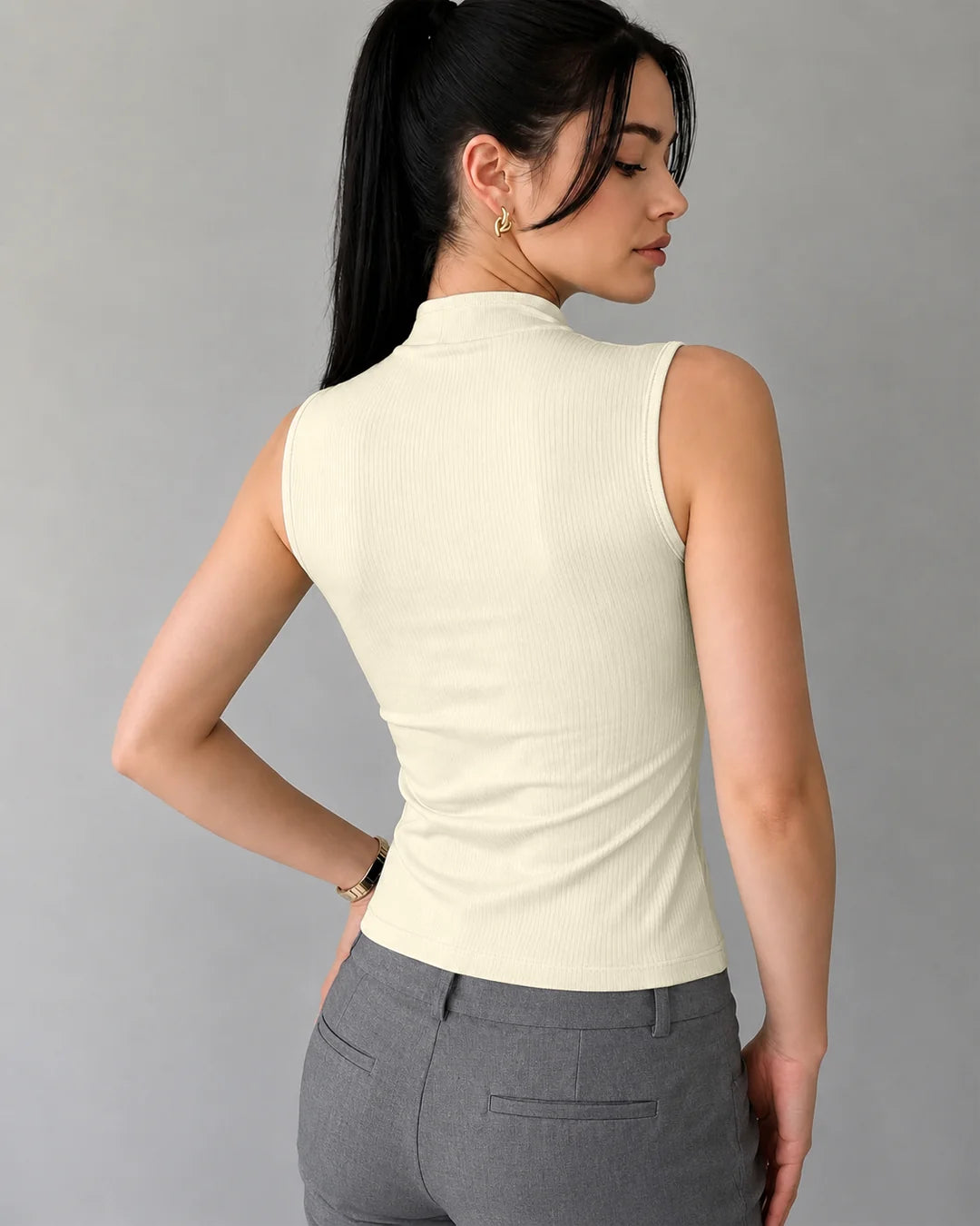 Mock Neck Keyhole Button Detail Fitted Top in Cream