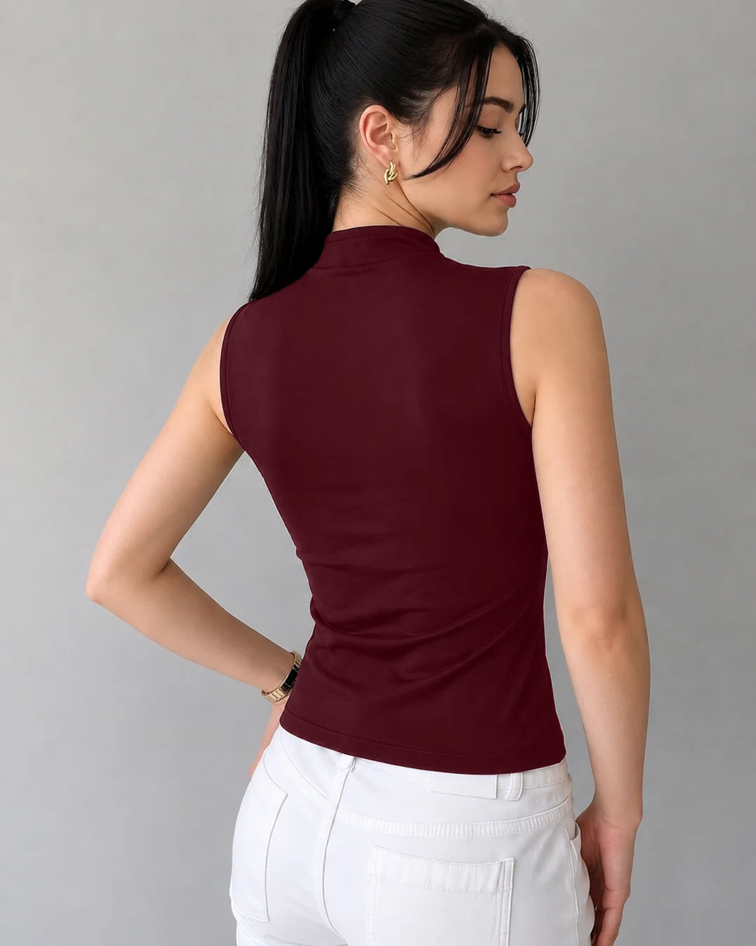 Mock Neck Keyhole Button Detail Fitted Top in Wine Maroon