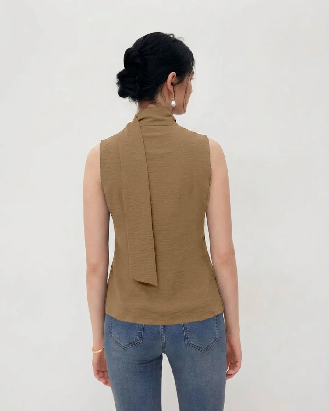 Mock Neck Button Front Tie Detail Top in Mocha Brown