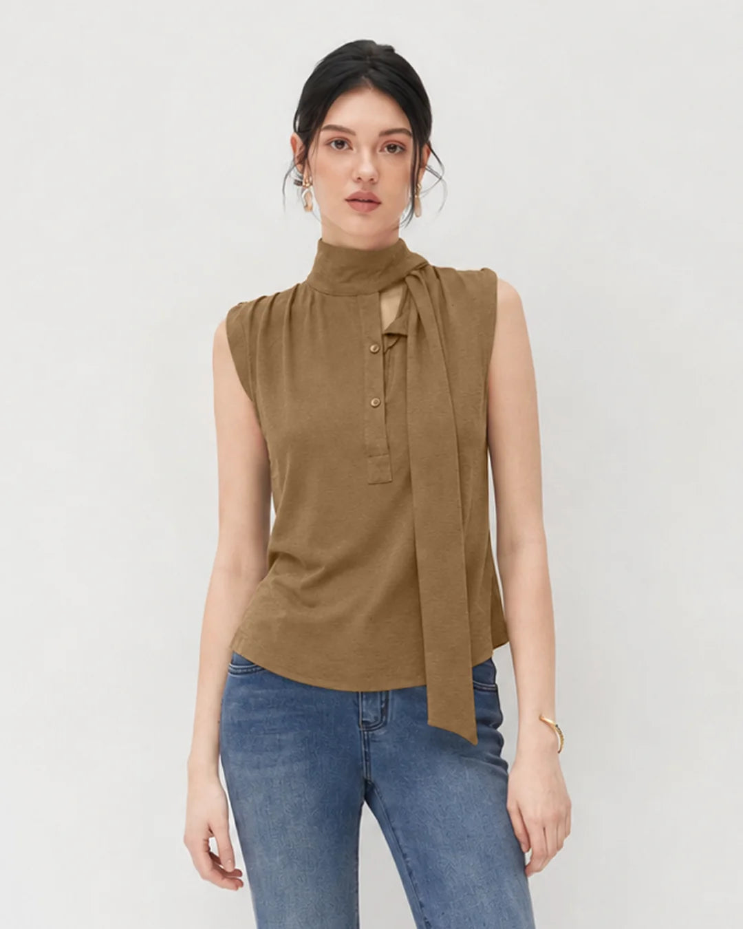 Mock Neck Button Front Tie Detail Top in Mocha Brown