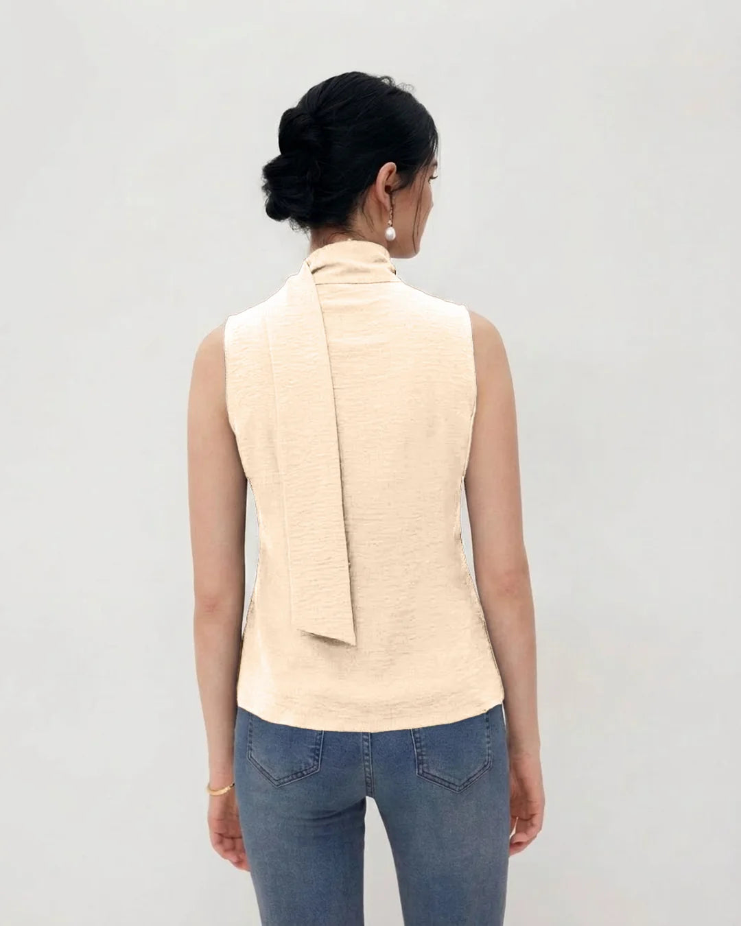 Mock Neck Button Front Tie Detail Top in Cream