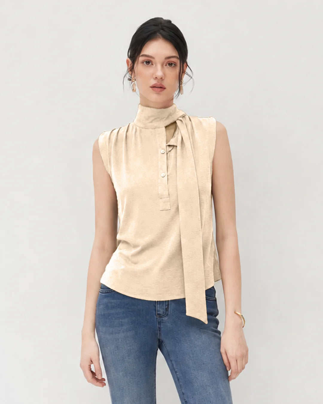 Mock Neck Button Front Tie Detail Top in Cream