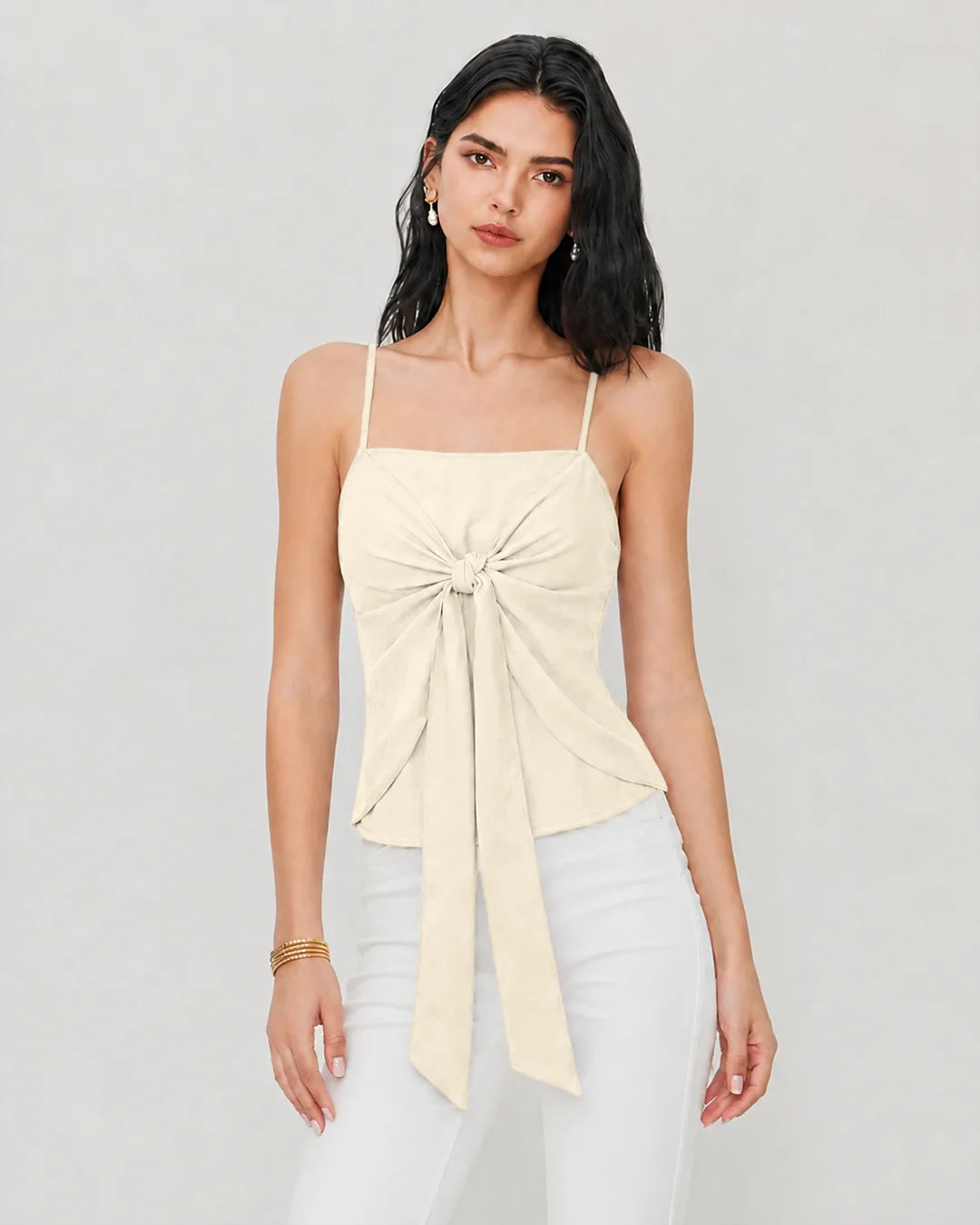 Front Knot Square Neck Cami Top in Cream