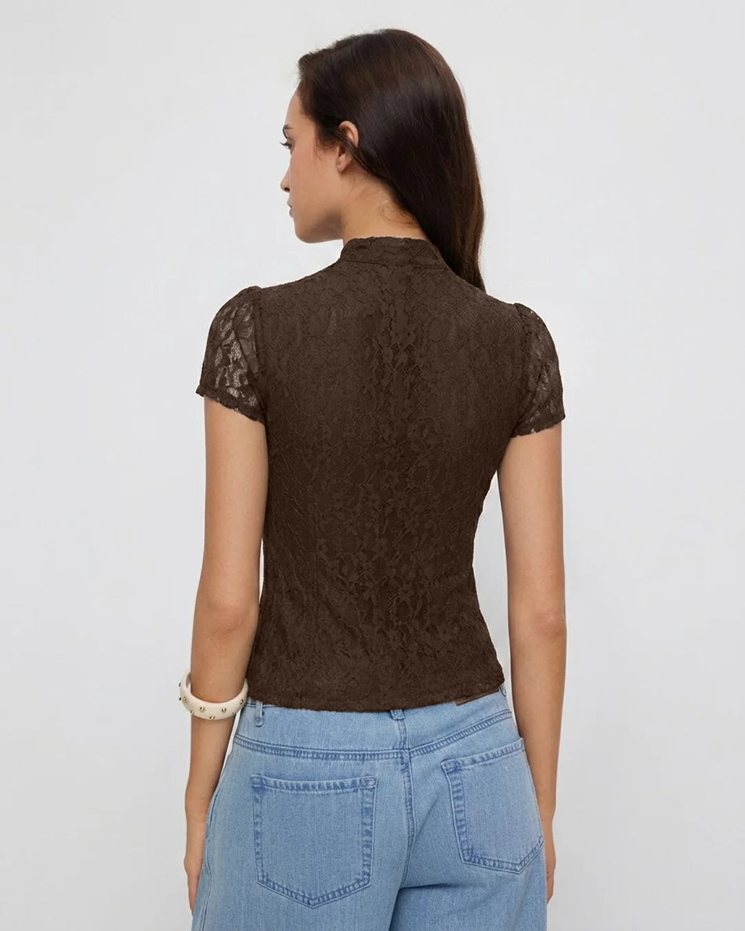 Mandarin Collar Lace Button Front Top in Classic Chocolate