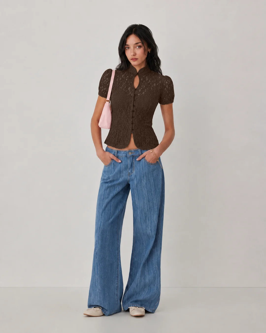 Mandarin Collar Lace Button Front Top in Classic Chocolate