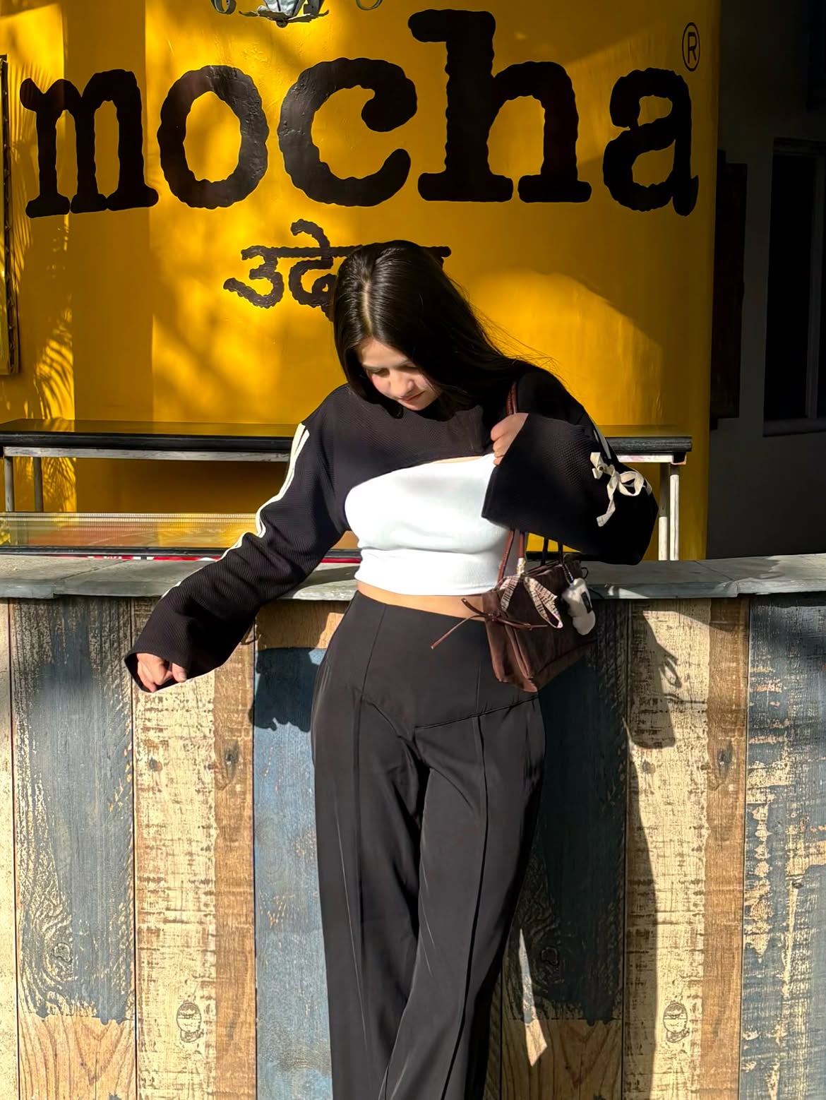 Round Neck Cut-Out Full Sleeve Sweatshirt in Black and White
