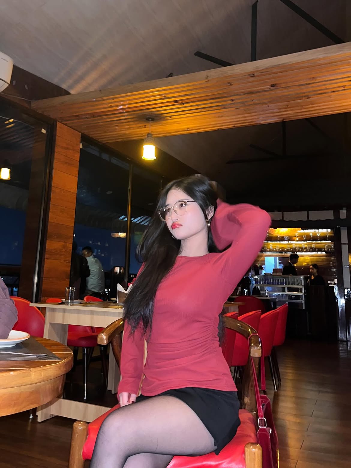Boat Neck Ruched Flared Long Sleeve Solid Top in Red