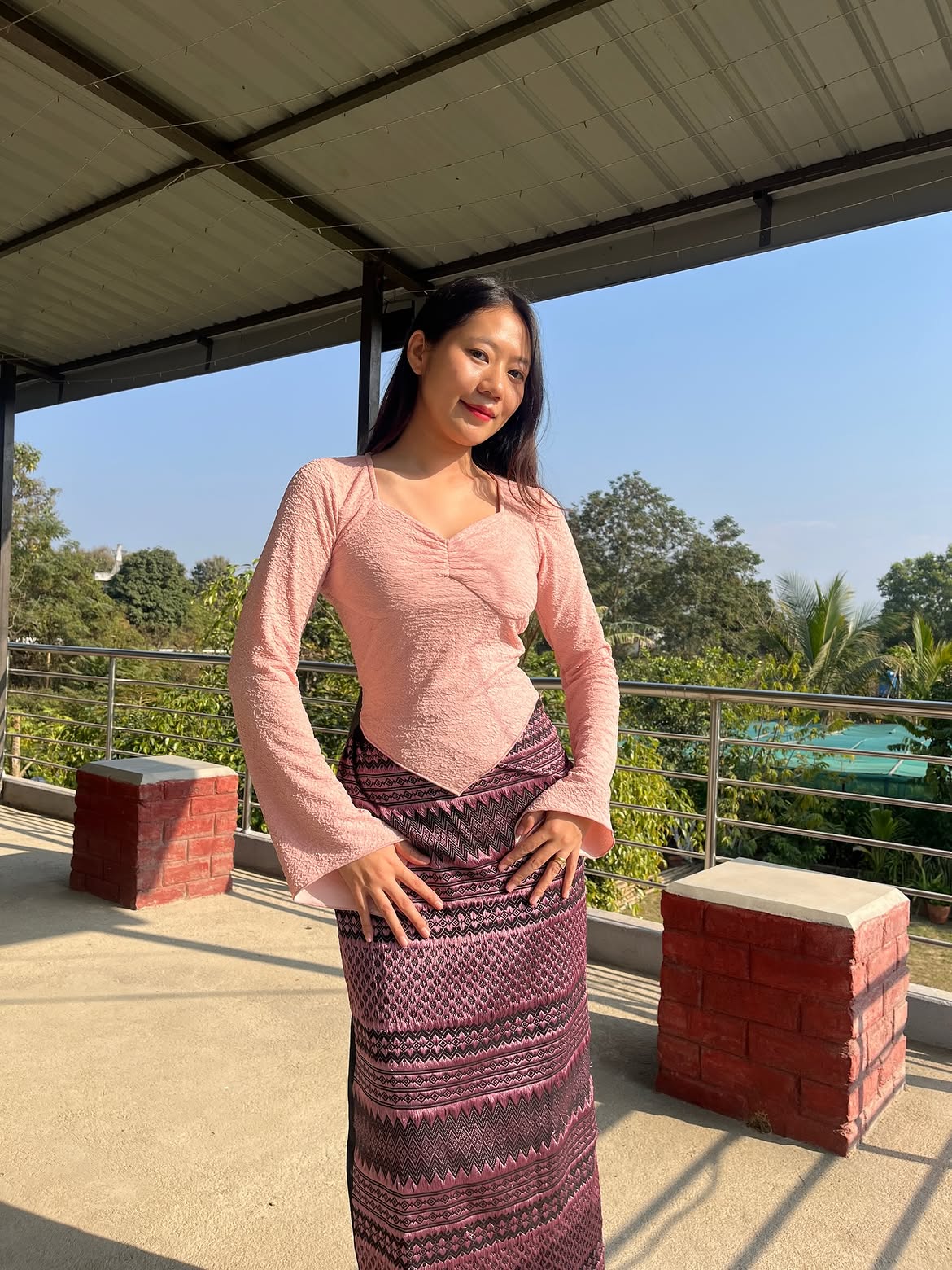 Sweetheart Neck Ruched Flared Long Sleeve Top in Pink