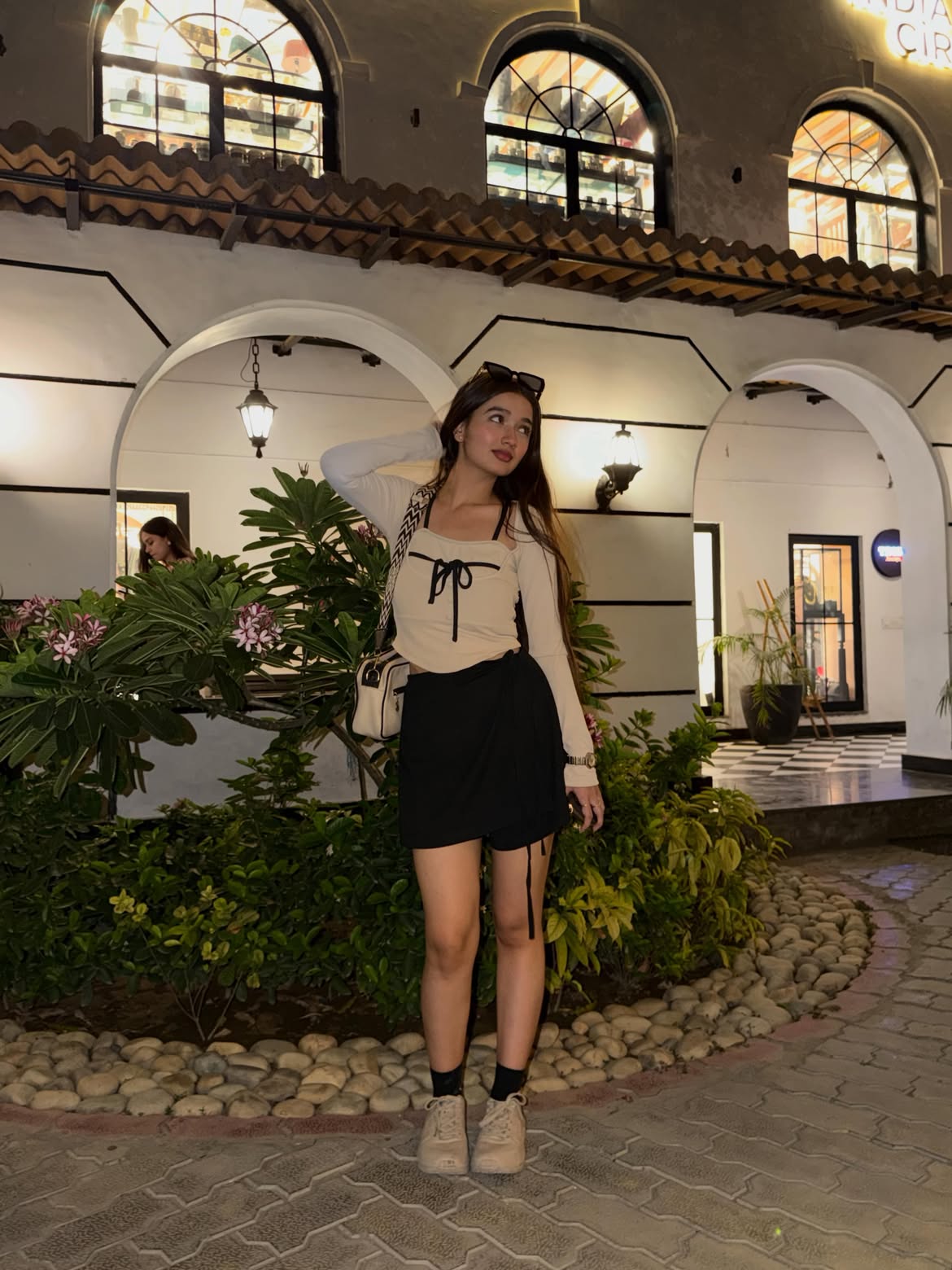 Square Neck Tie Detail Long Sleeve Top in Off White