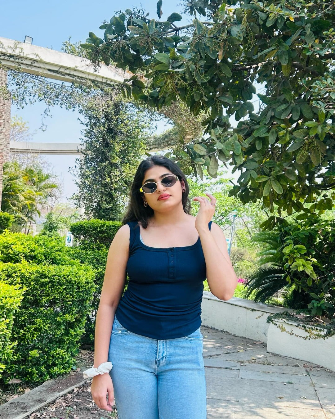 Navy Blue Ribbed Scoop Neck Tank Top with Buttons