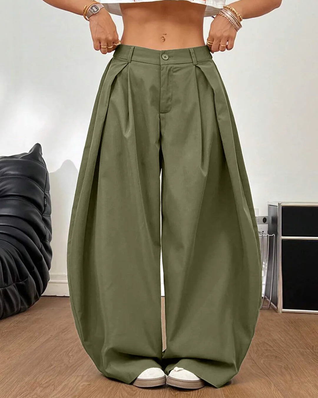 High Waist Pleated Wide Leg Trousers in Sage Green