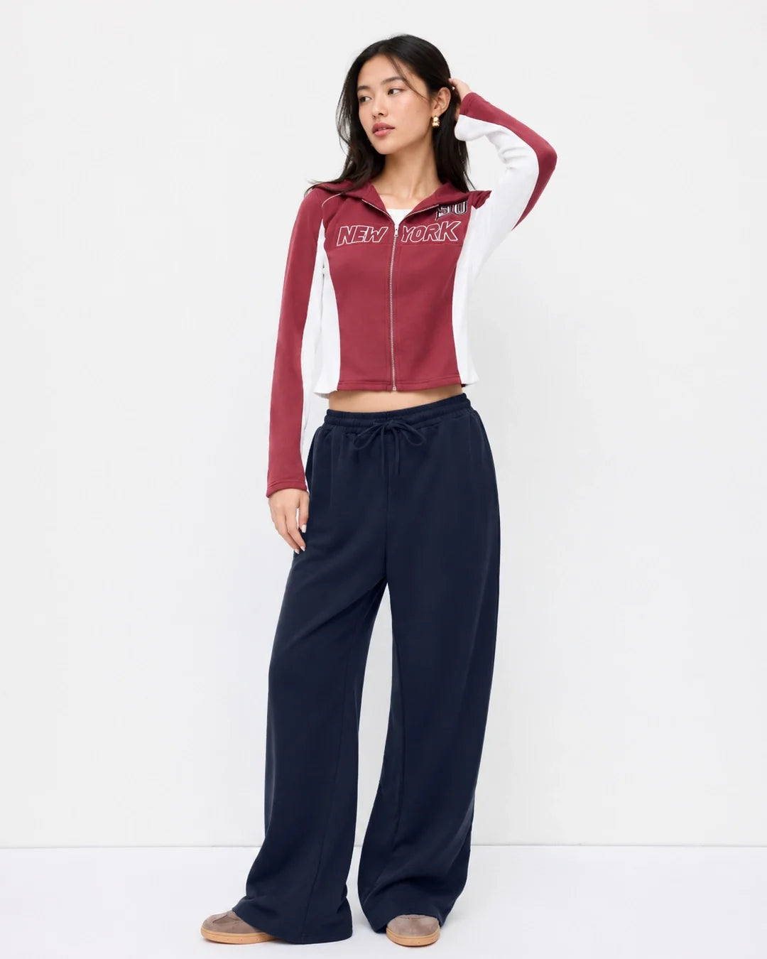 High Waist Wide Leg Drawstring Sweatpants in Navy Blue