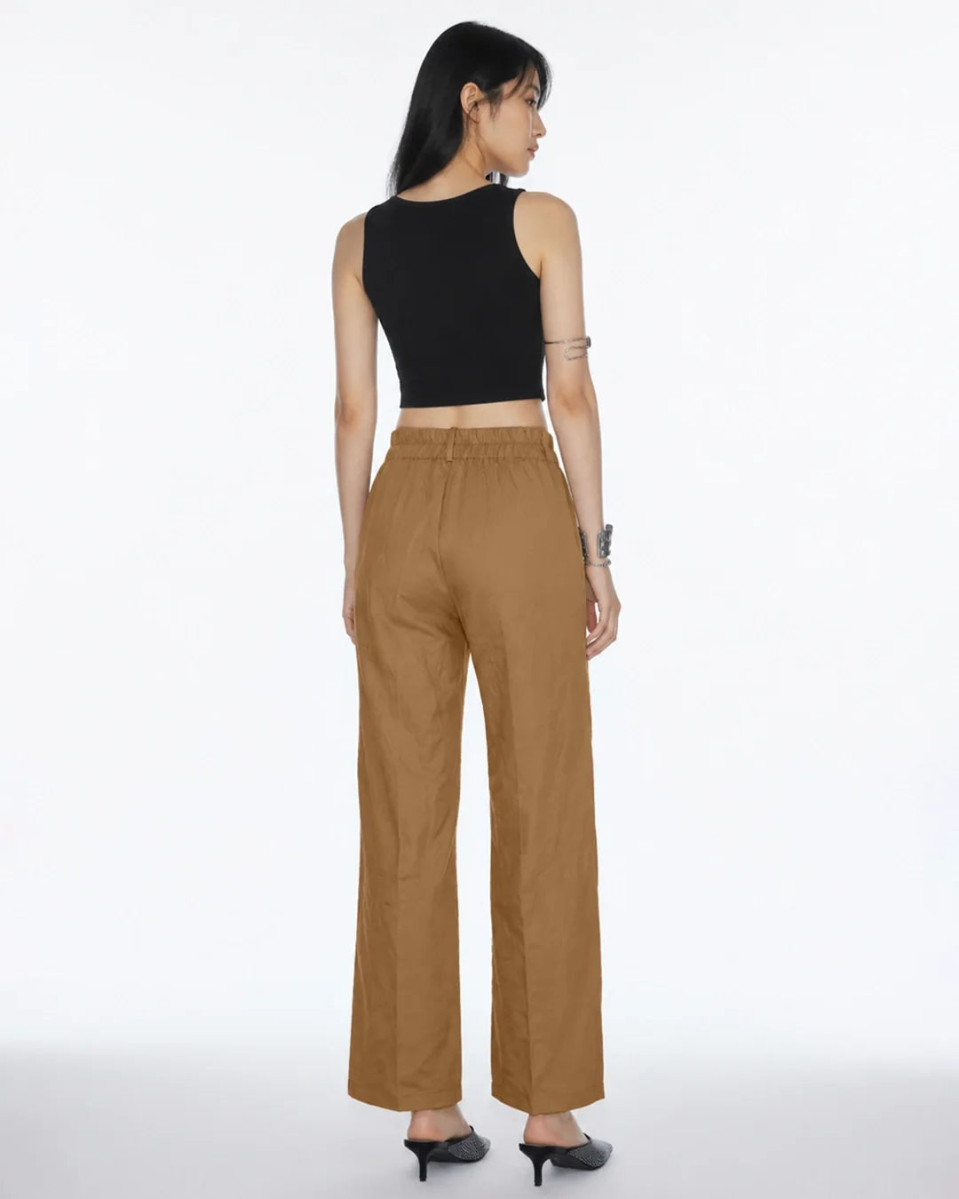 High Rise Front Pleat Wide Leg Trousers in Chocolate Brown