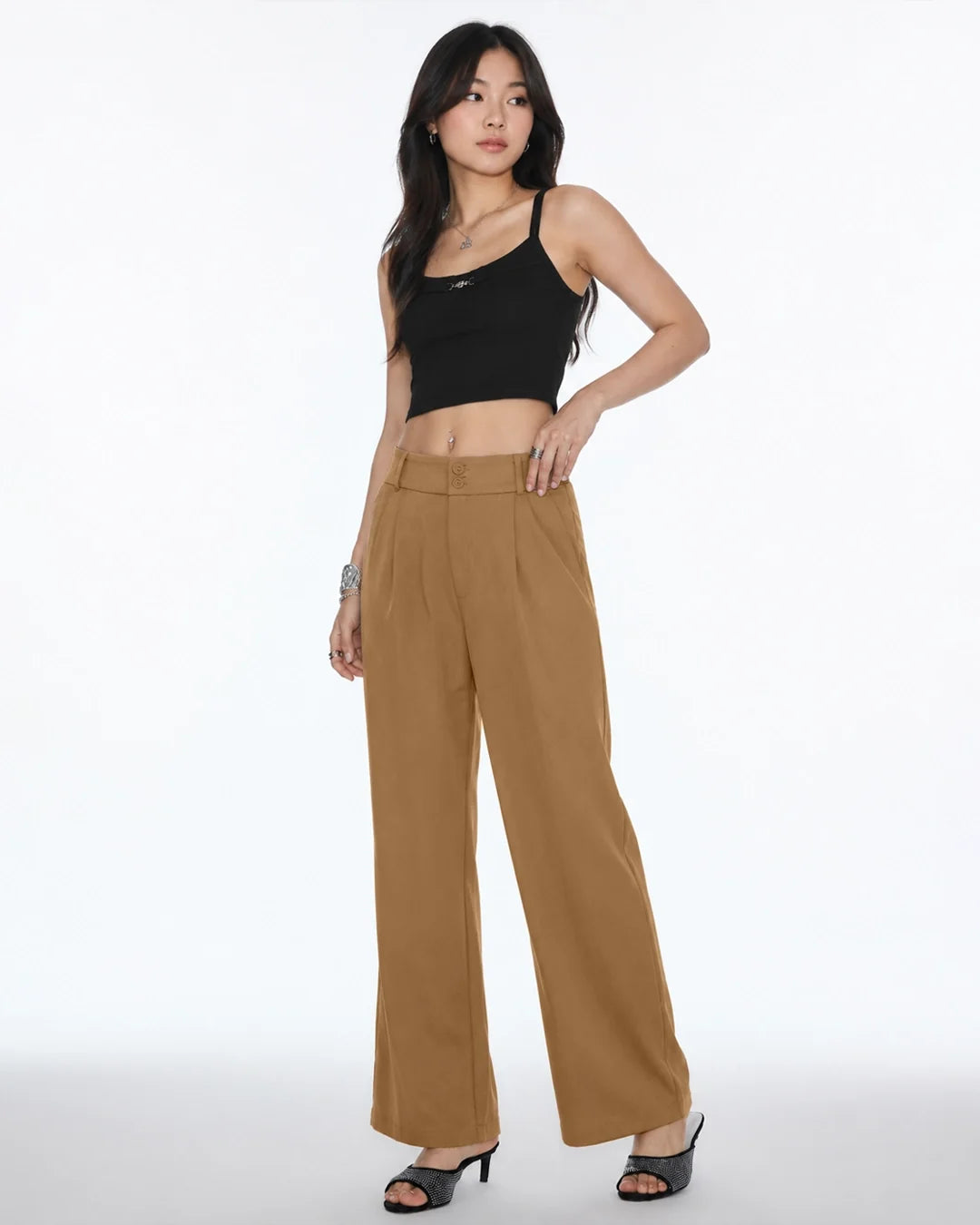 High Rise Front Pleat Wide Leg Trousers in Chocolate Brown