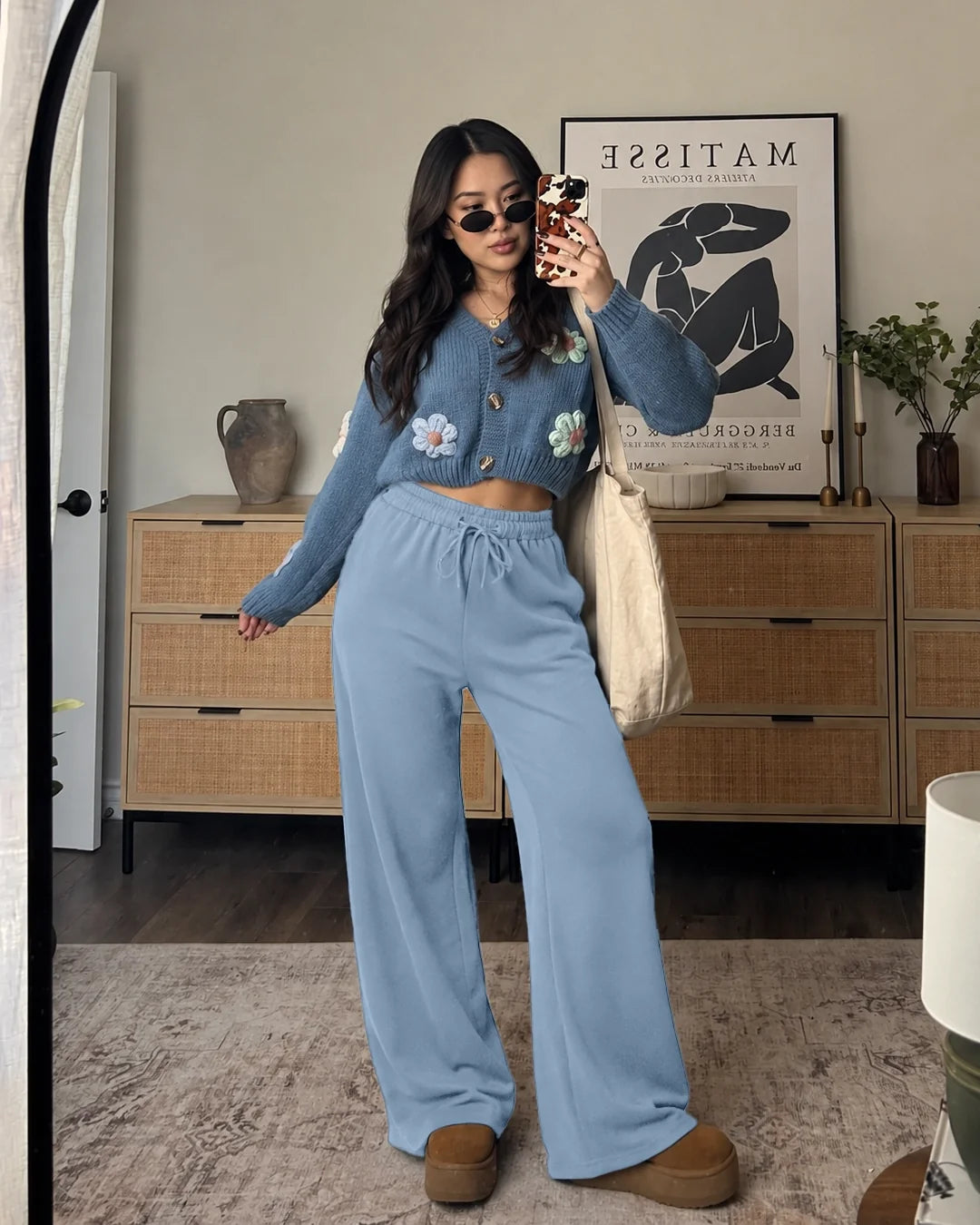 High Waist Wide Leg Drawstring Sweatpants in Dusty Blue
