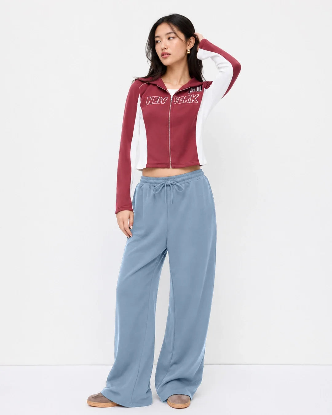 High Waist Wide Leg Drawstring Sweatpants in Dusty Blue