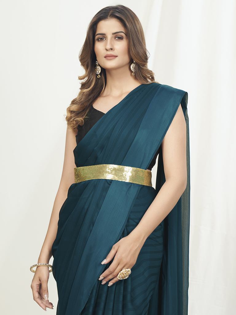 Teal Green Ready to Wear One Minute Saree In Satin Silk
