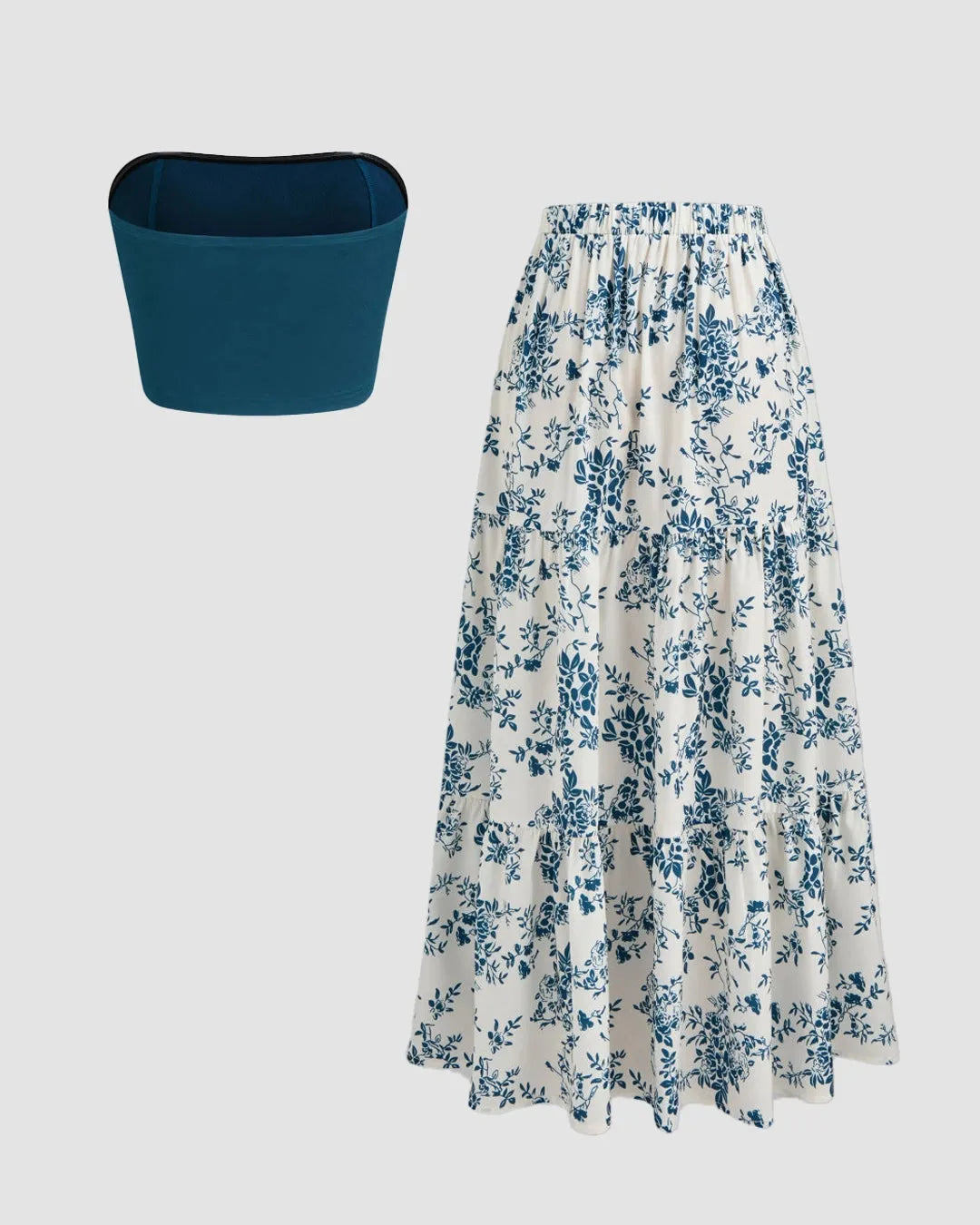 Teal Blue Strapless Tube Top & Floral Tiered Maxi Skirt Set