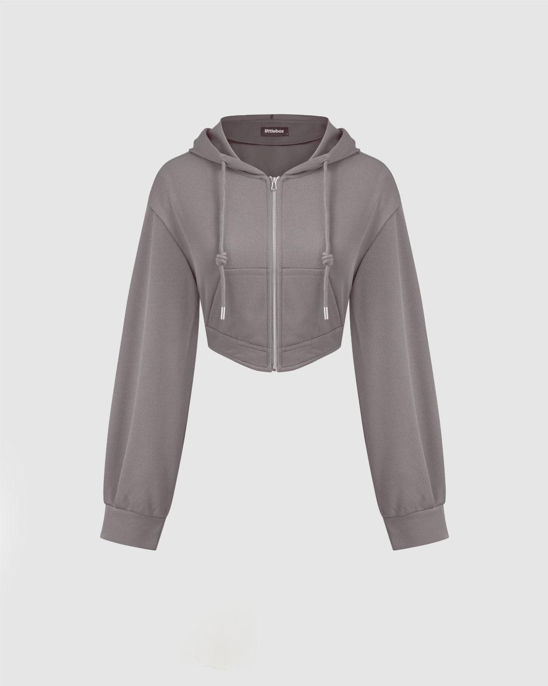 Terry Solid Drawstring Pocket Crop Hoodie In Grey
