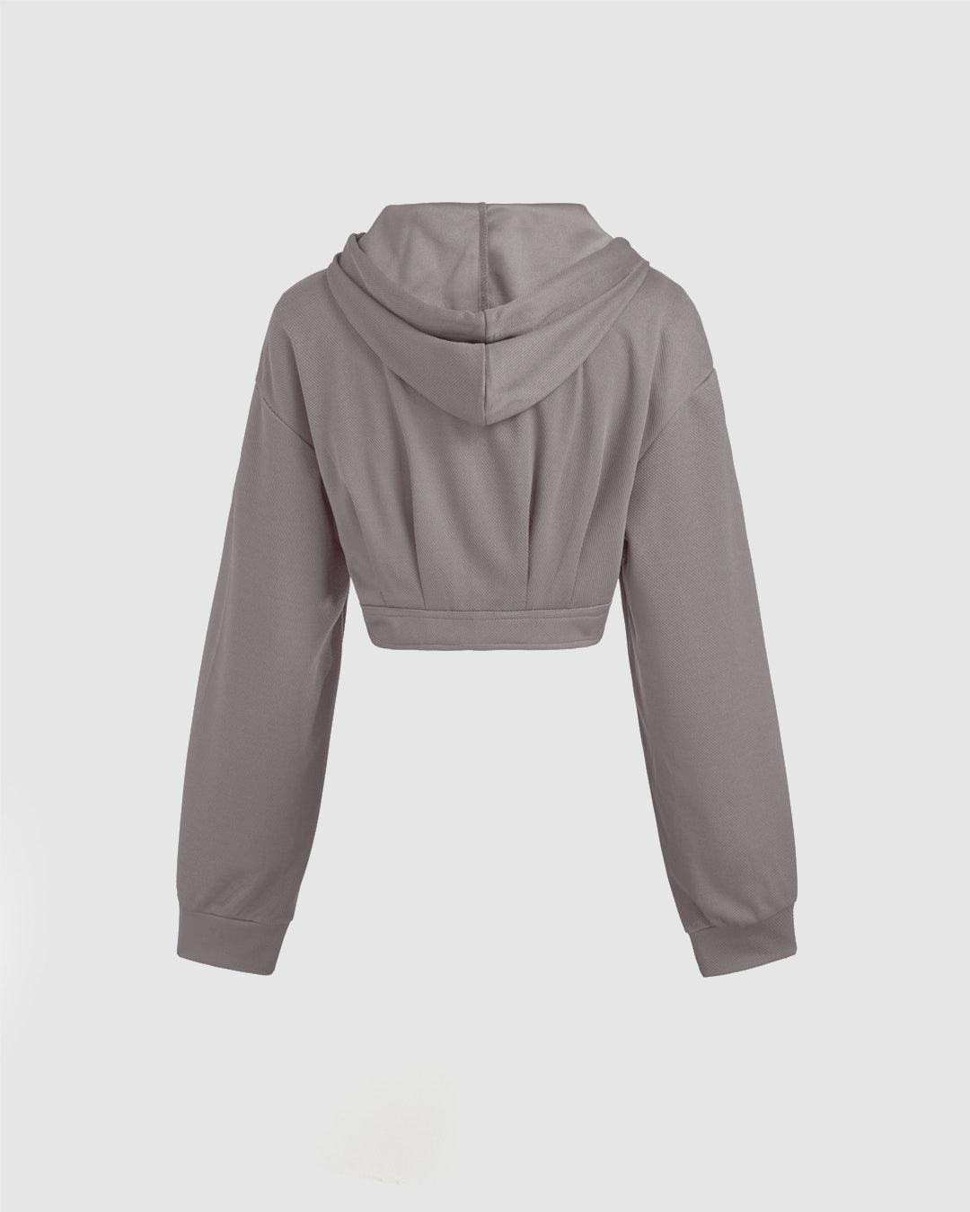 Terry Solid Drawstring Pocket Crop Hoodie In Grey