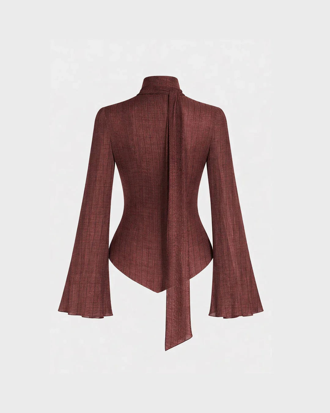 Texture V-neck Flare Sleeve Twist See-through Top With Scarf in Maroon