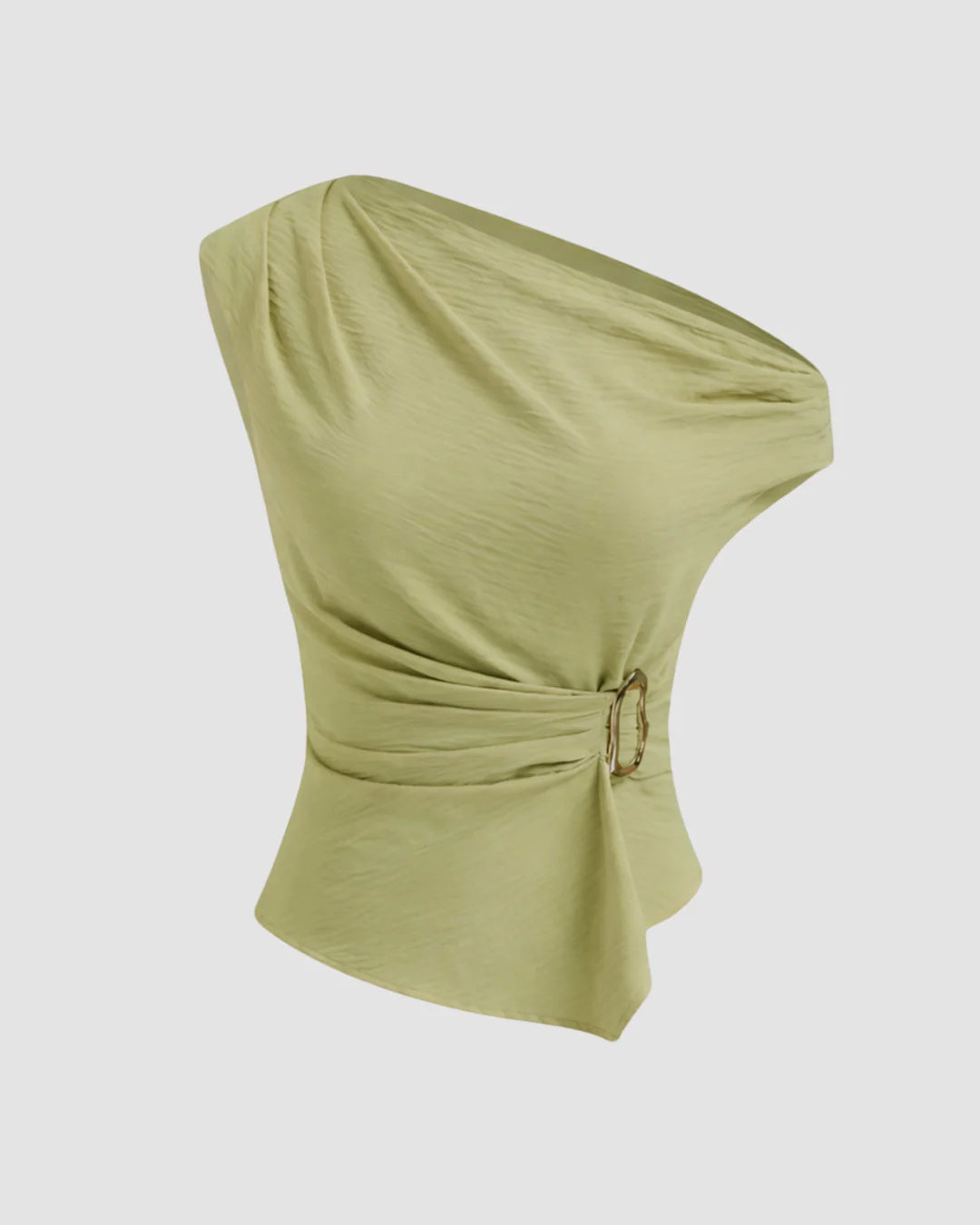 Textured Asymmetrical Neck Metal Detail Ruched Top in Herbal Green