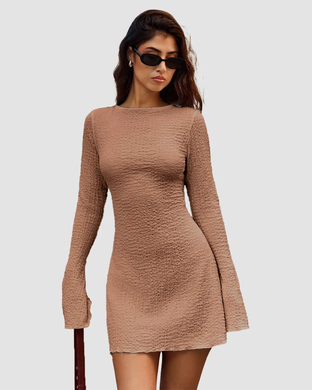 Textured Long Sleeve Dress in Biscuit Brown