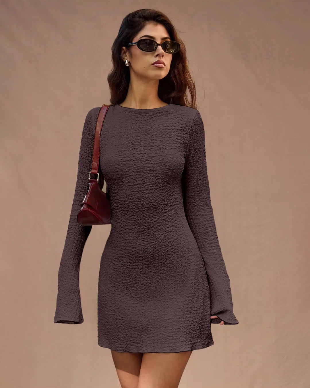 Textured Long Sleeve Dress in Brown