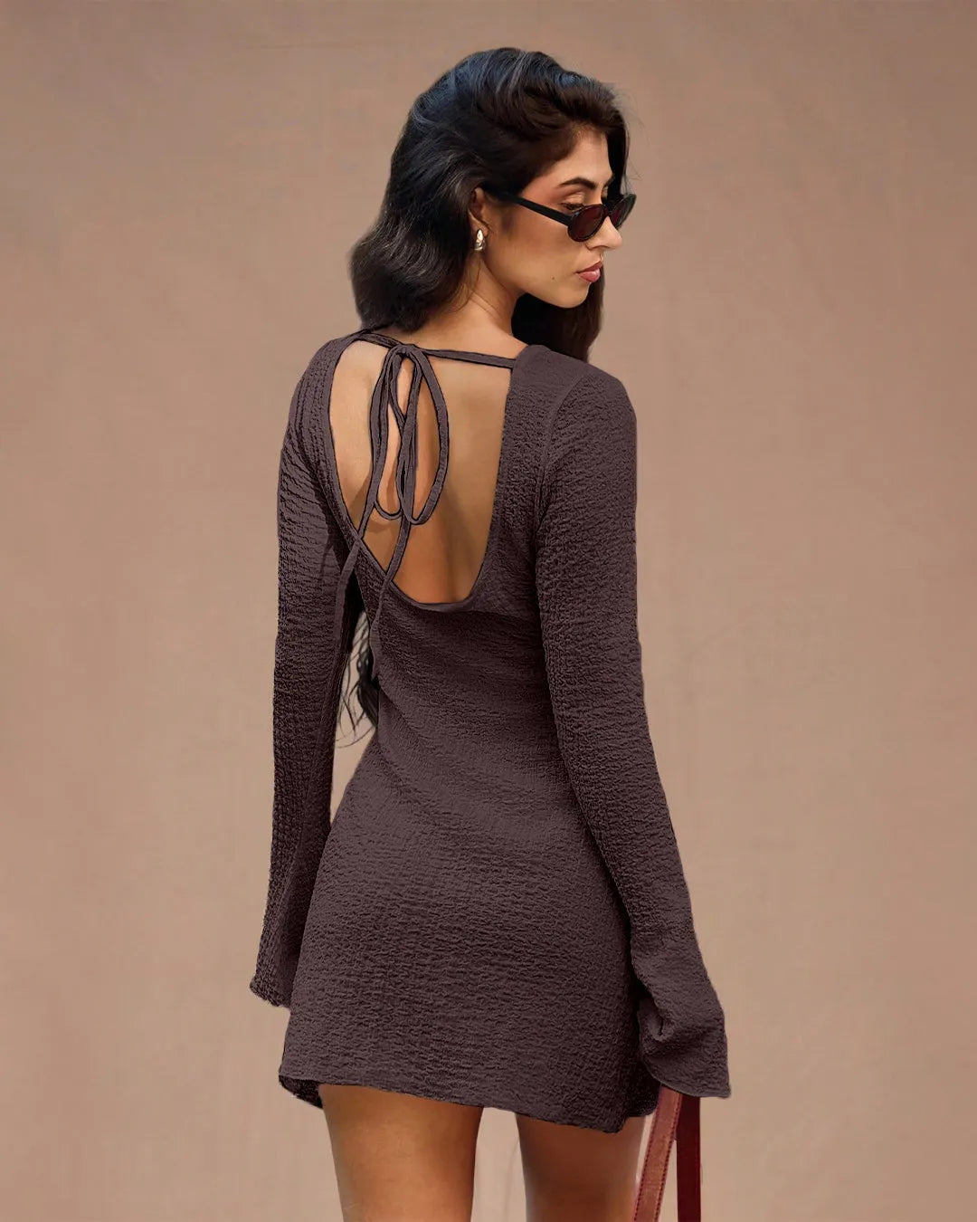 Textured Long Sleeve Dress in Brown