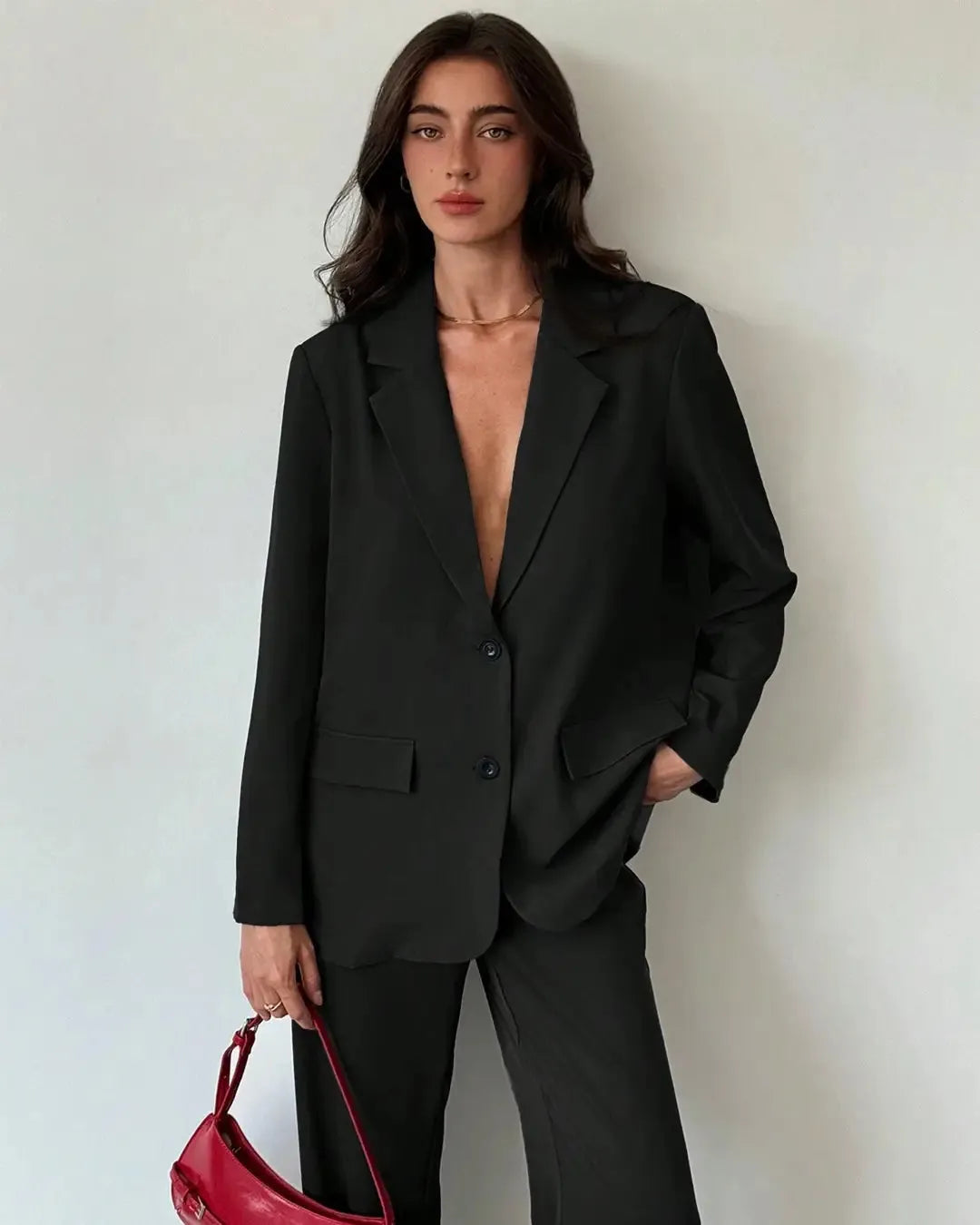 Textured Oversized Long Sleeve Blazer & Trouser Suit Set In Black