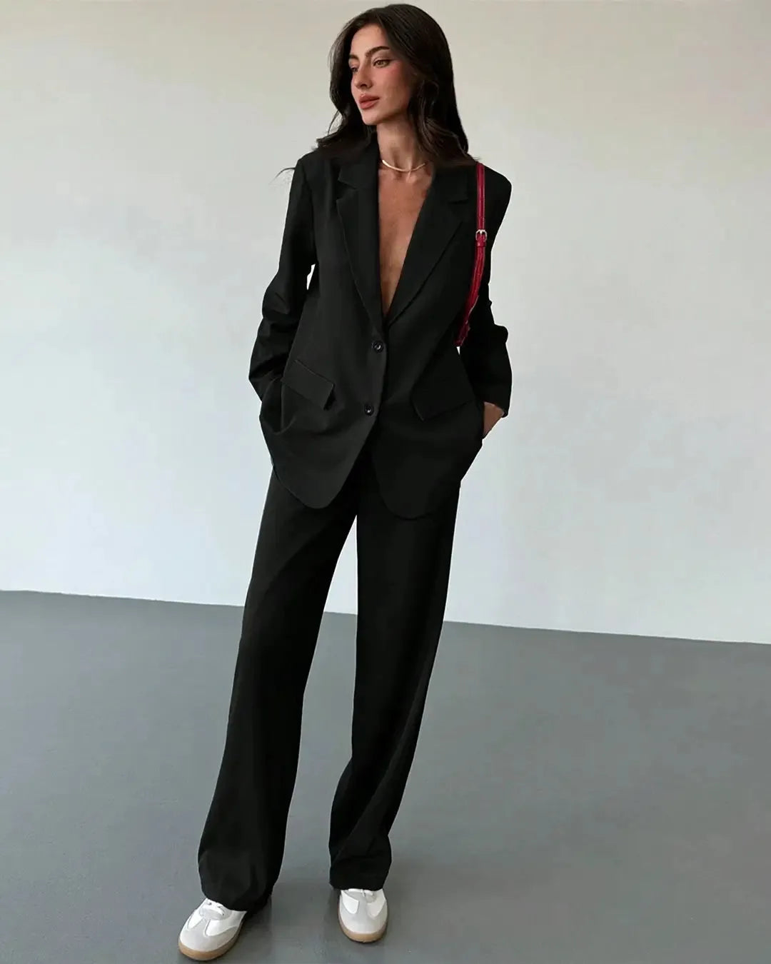 Textured Oversized Long Sleeve Blazer & Trouser Suit Set In Black