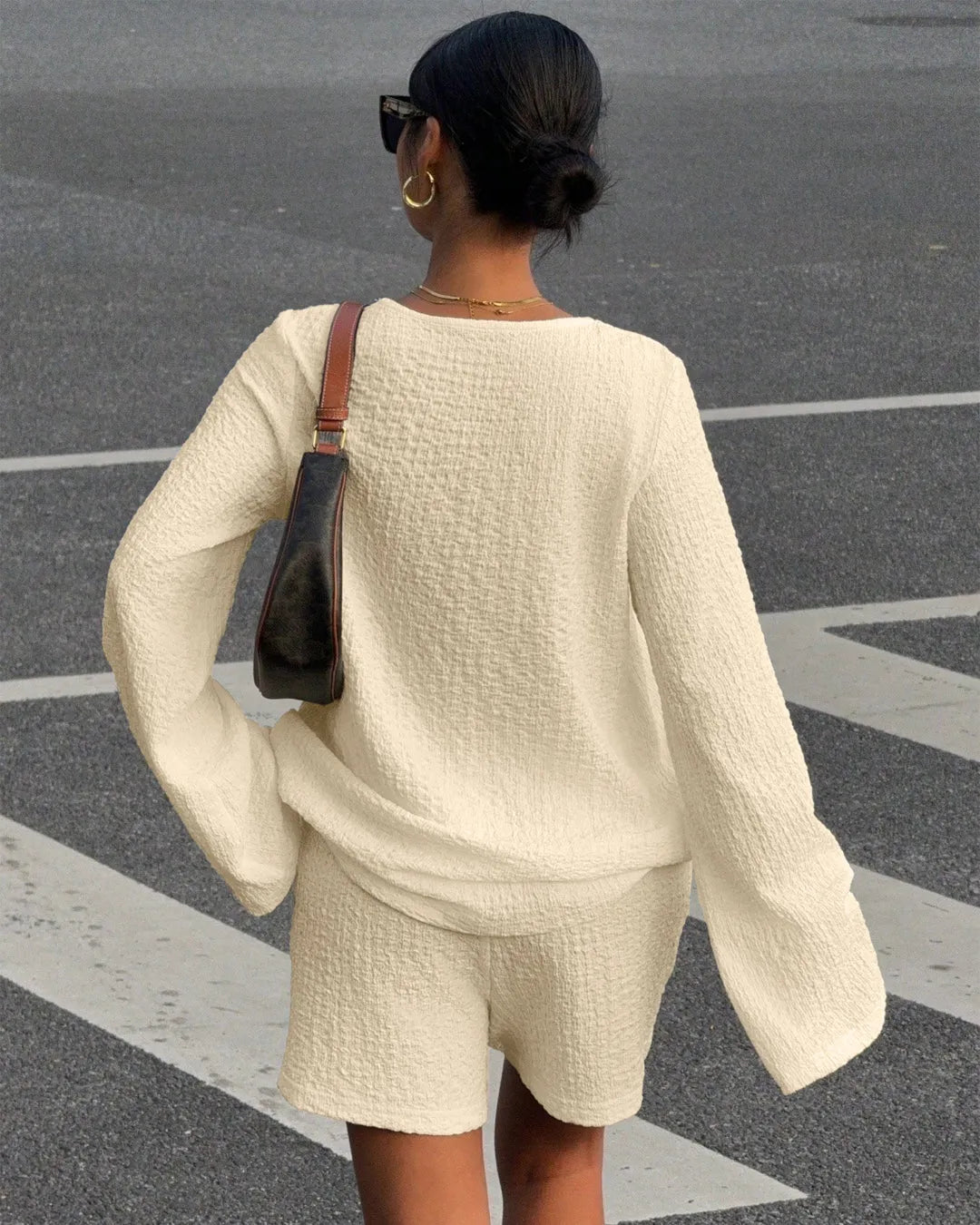 Textured V-Neck Tie Front Long Sleeve Top and Shorts Set in Cream