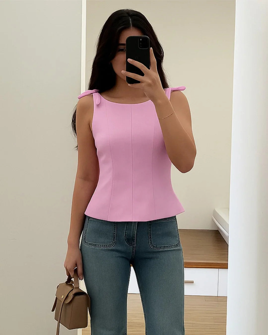 Tie-Shoulder Fitted Top in Powder Pink
