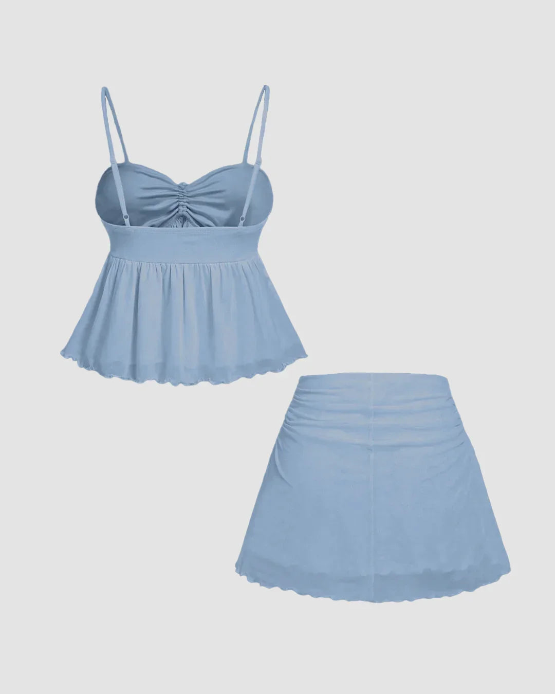 Tie Front Cami Top & Mini Skirt Co-Ord Set in Dusty Blue