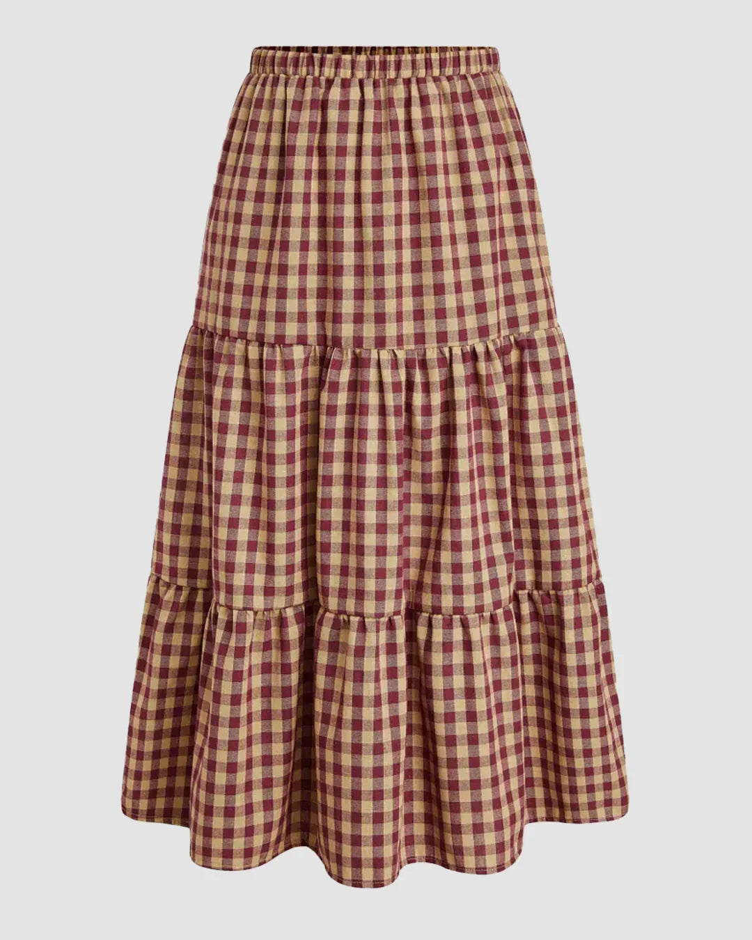Tiered Gingham Maxi Skirt With Elastic Waist