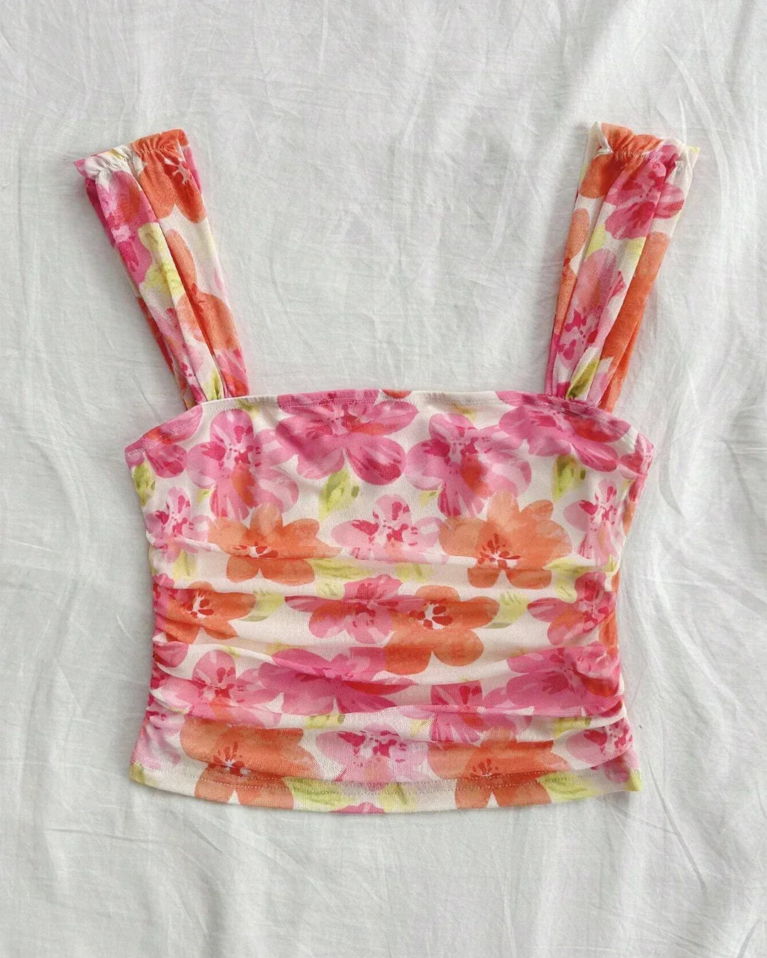 Tropical Bloom Ruched Strap Top