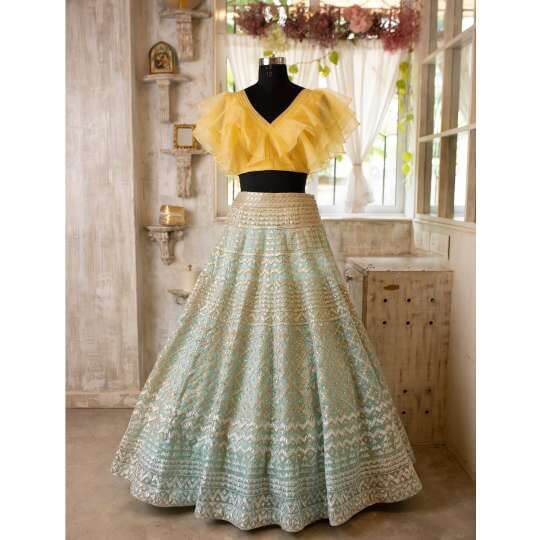 Turquoise Lehenga Choli in Organza With Thread And Sequence Work