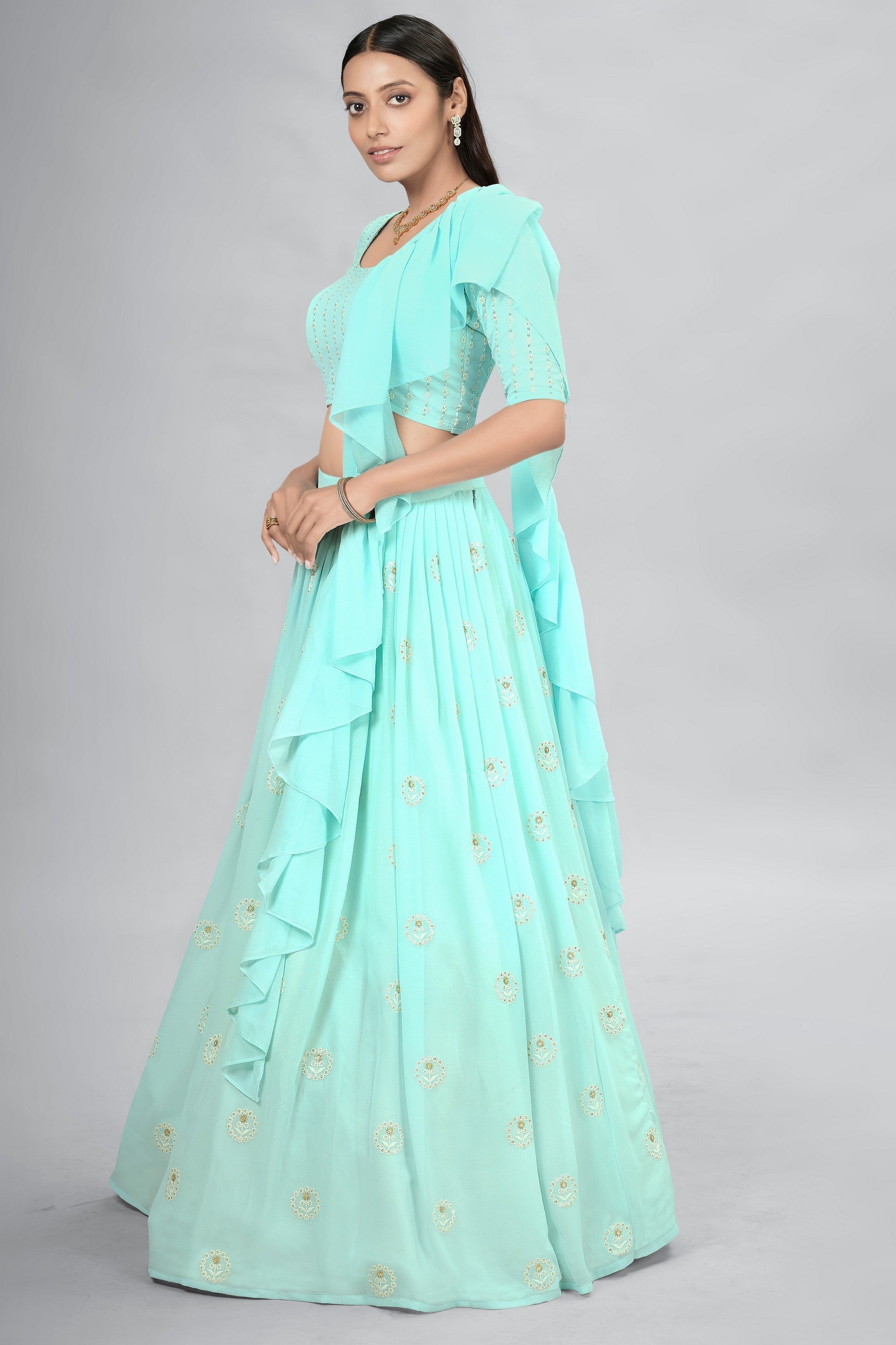 Turquoise Indian Georgette Lehenga Choli With Ruffle Dupatta For Indian Festival & Weddings - Sequence Embroidery Work,