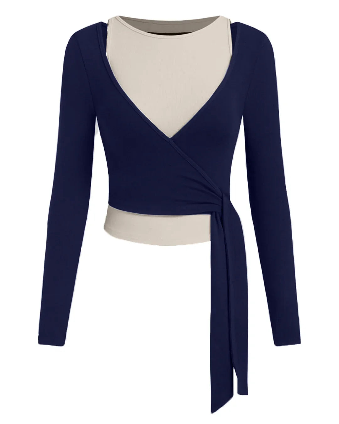 Two Tone Wrap Tie Full Sleeve Top in Navy & Apricot