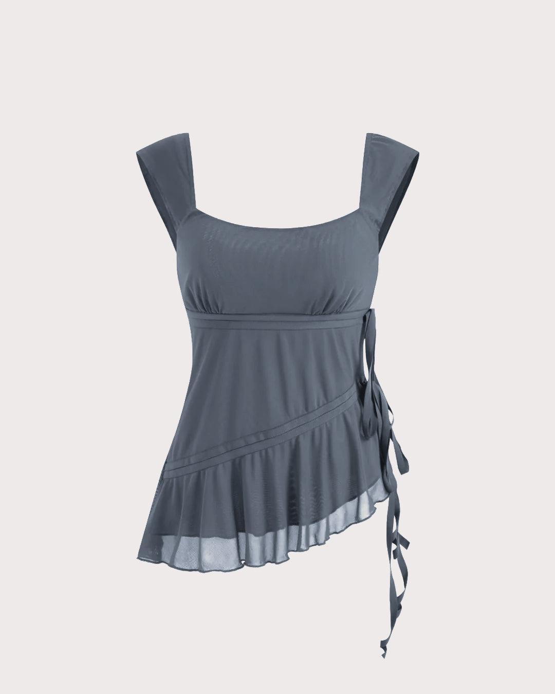 U-neckline Asymmetrical Ruffle Trim Knotted Tank Top In Grey