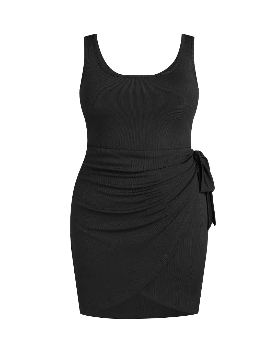 U-neckline Knotted Ruched Sleeveless Black Mini Dress Curve & Plus