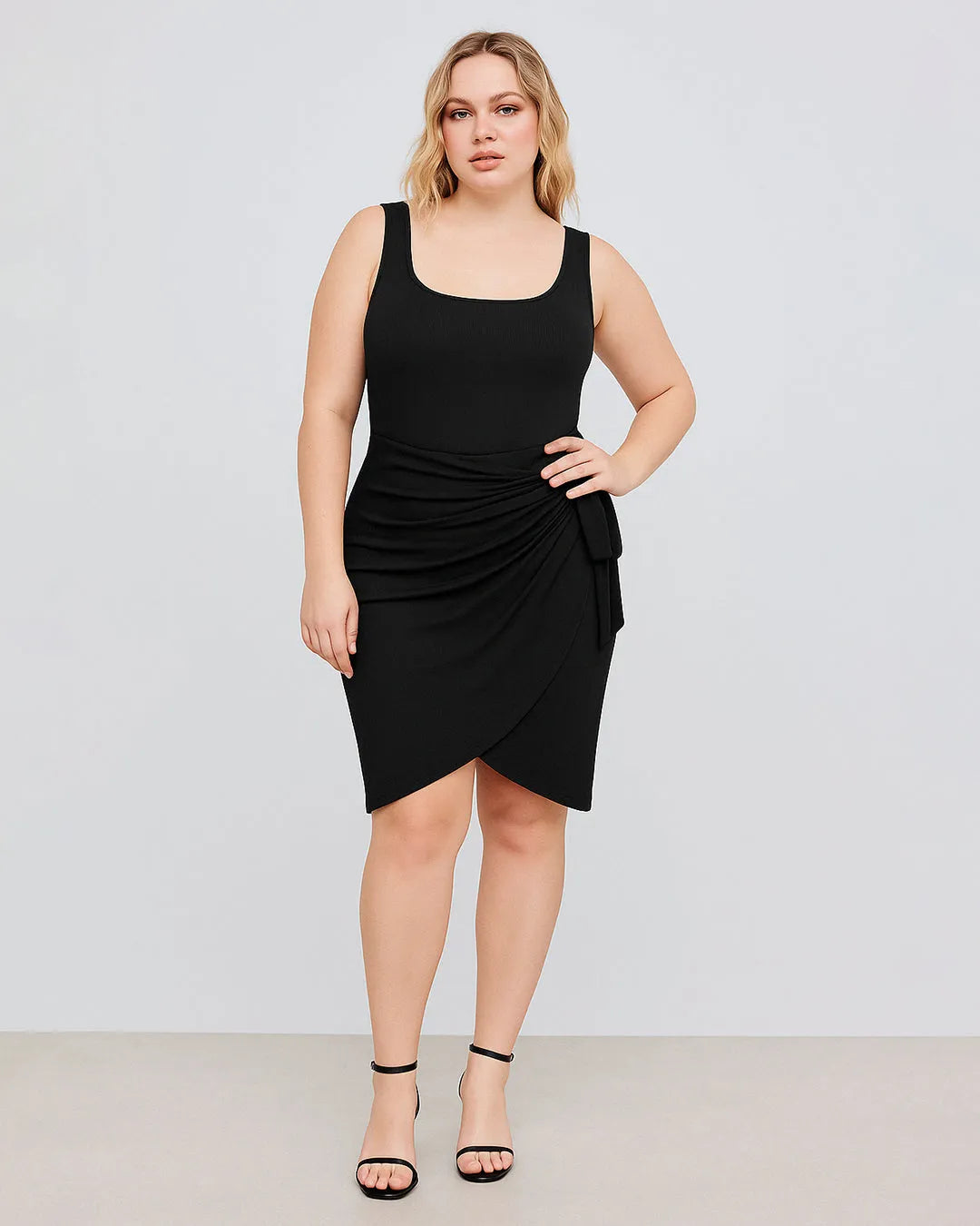 U-neckline Knotted Ruched Sleeveless Black Mini Dress Curve & Plus