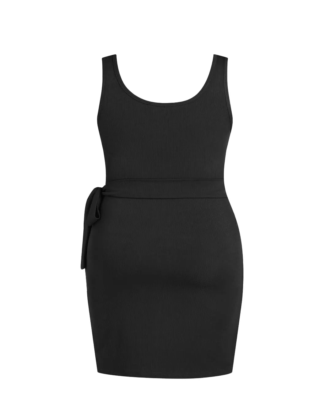 U-neckline Knotted Ruched Sleeveless Black Mini Dress Curve & Plus